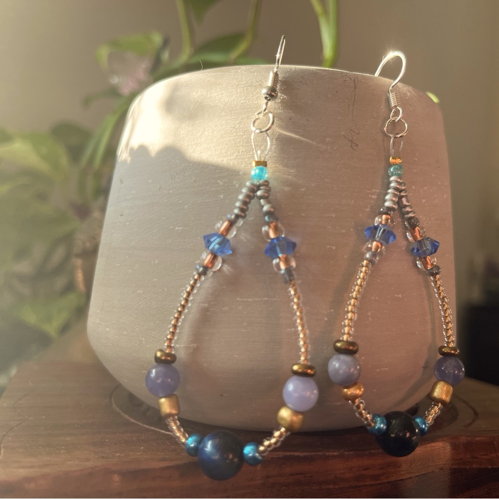 Handmade Glass Beaded Dangle Earrings with Blue Tigers Eyes Natural stone